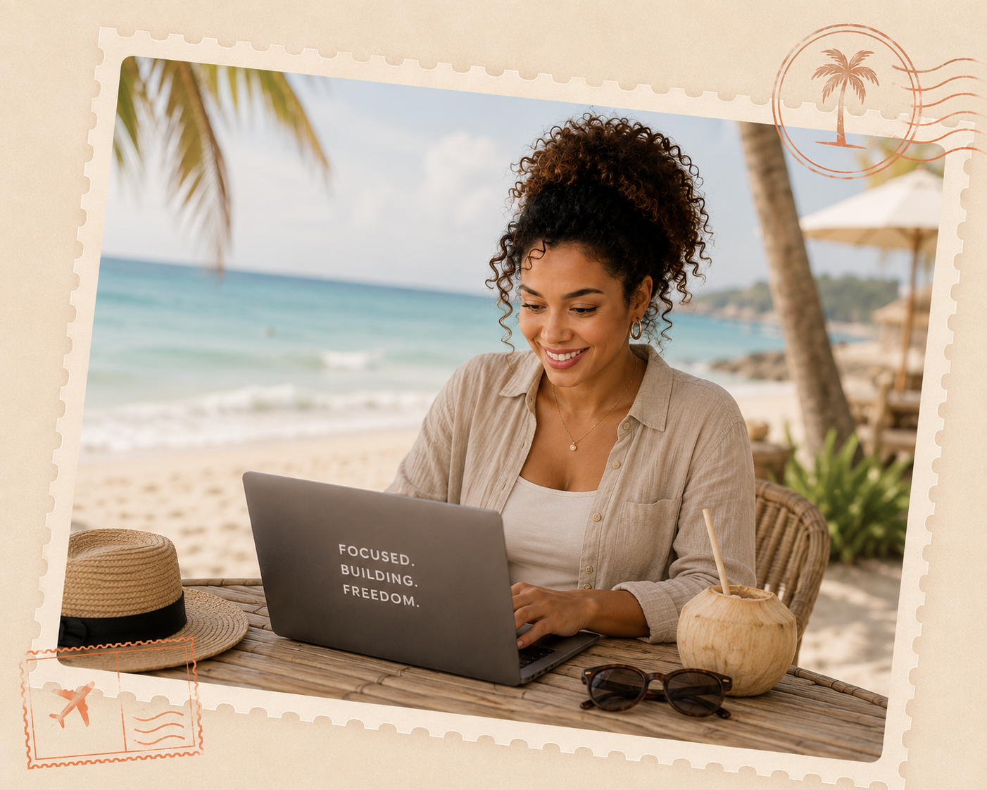 Creator postcard from a sunny cafe with a laptop and iced coffee