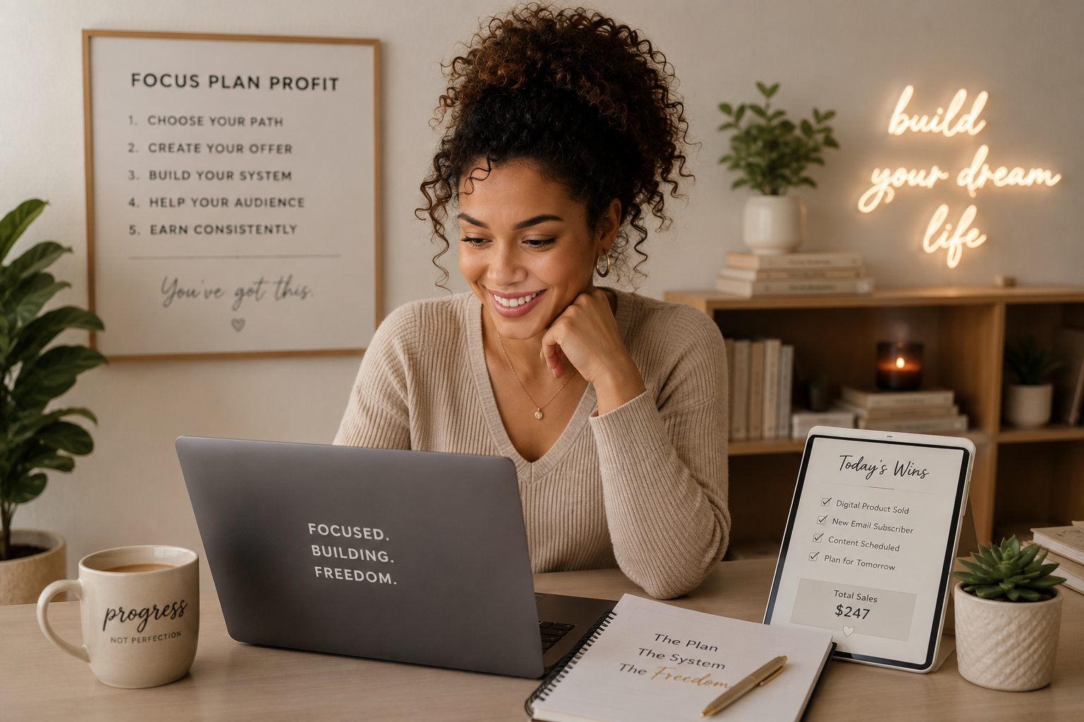 Confident woman celebrating with her phone showing sales notifications