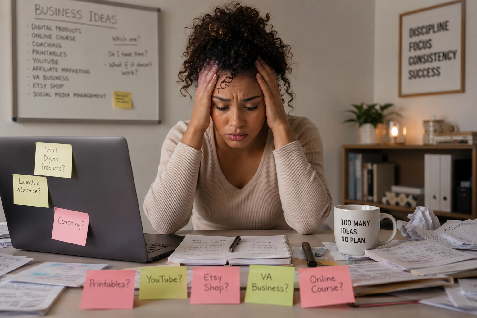 Woman looking overwhelmed at a cluttered desk late at night